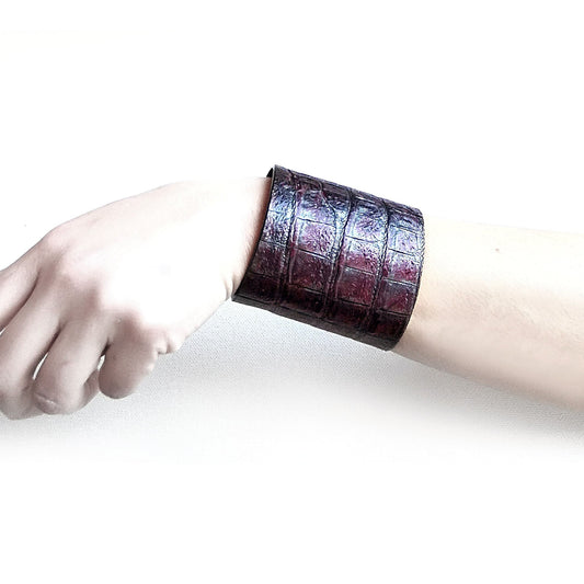 Burgundy croc - embossed leather cuff bracelet | Bangkok - Angela Pinto