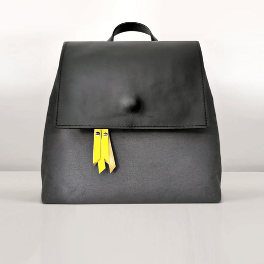 Black leather and fabric backpack or convertible bag | Alice - Angela Pinto