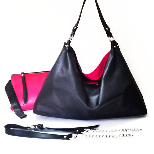 Black leather soft bag with detachable crossbody strap | Jennie - Angela Pinto