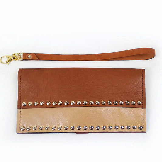 Brown leather long wallet with studs | Narciso - Angela Pinto