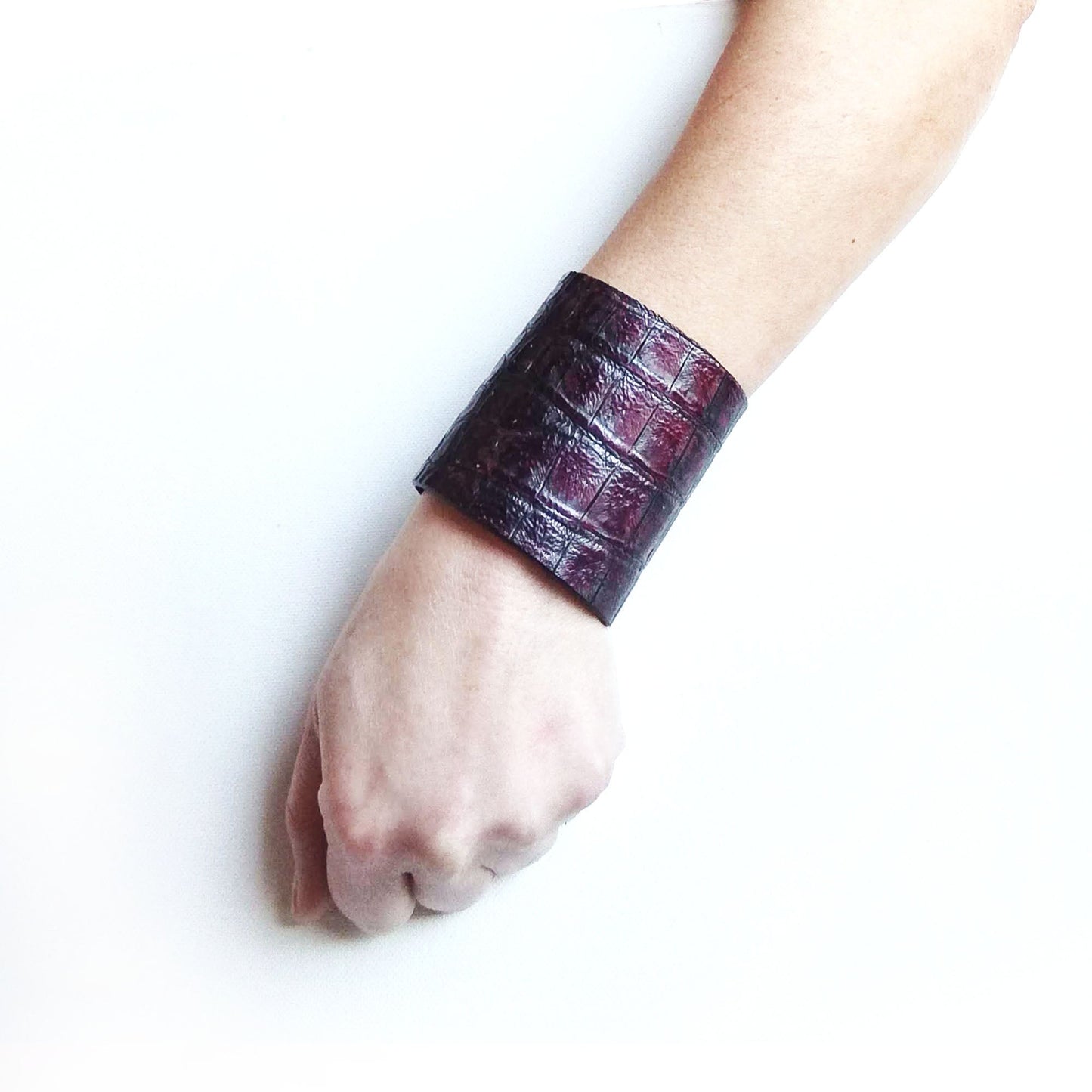 Burgundy croc - embossed leather cuff bracelet | Bangkok - Angela Pinto