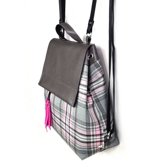 Gray and pink tartan backpack or convertible bag | Alice - Angela Pinto