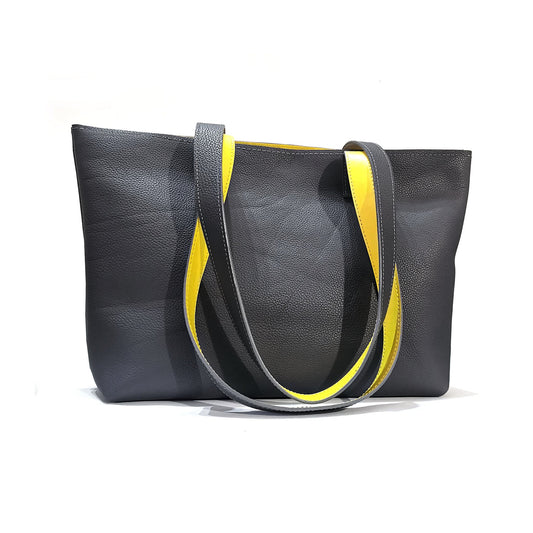 Gray and yellow leather tote bag | Vera - Angela Pinto