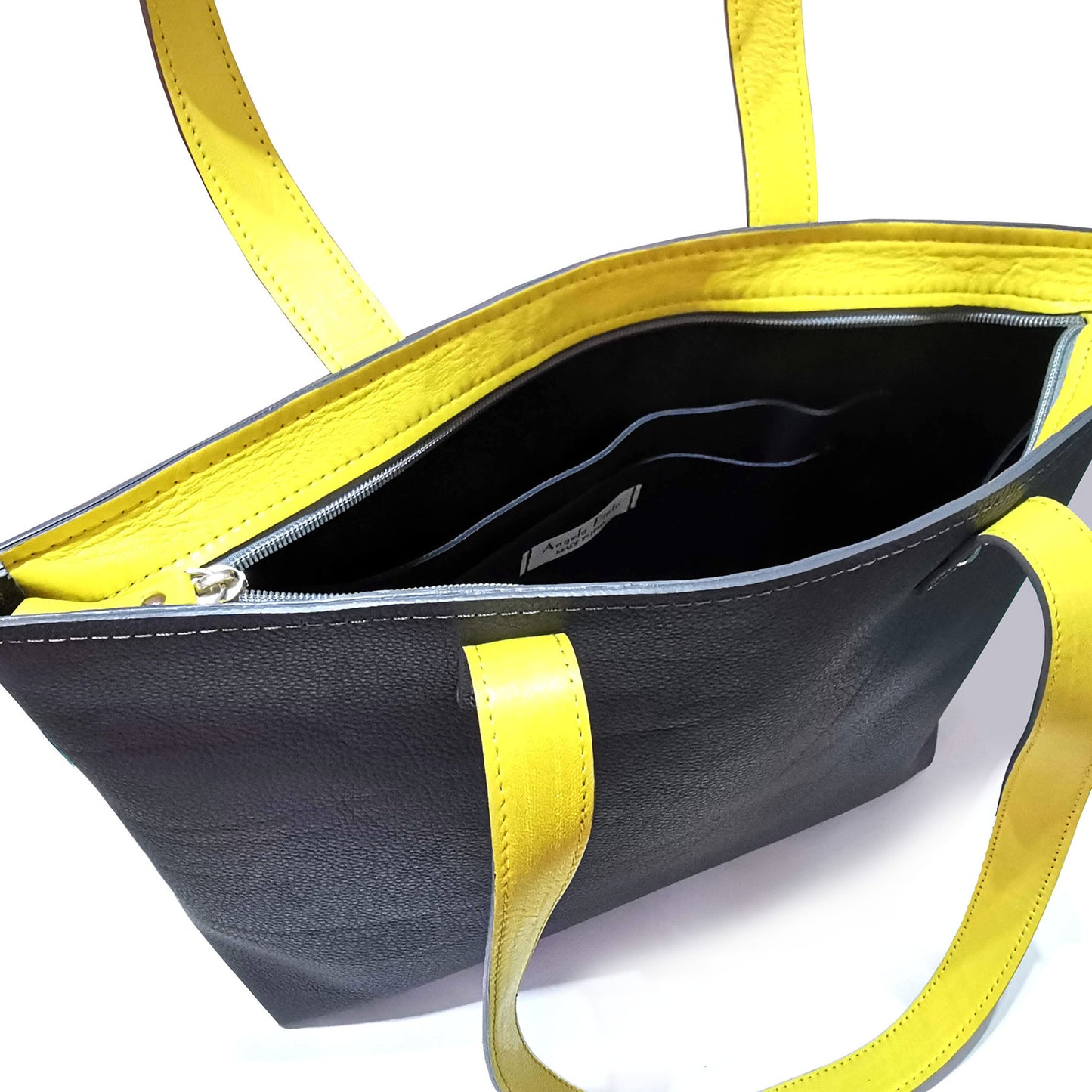 Gray and yellow leather tote bag | Vera
