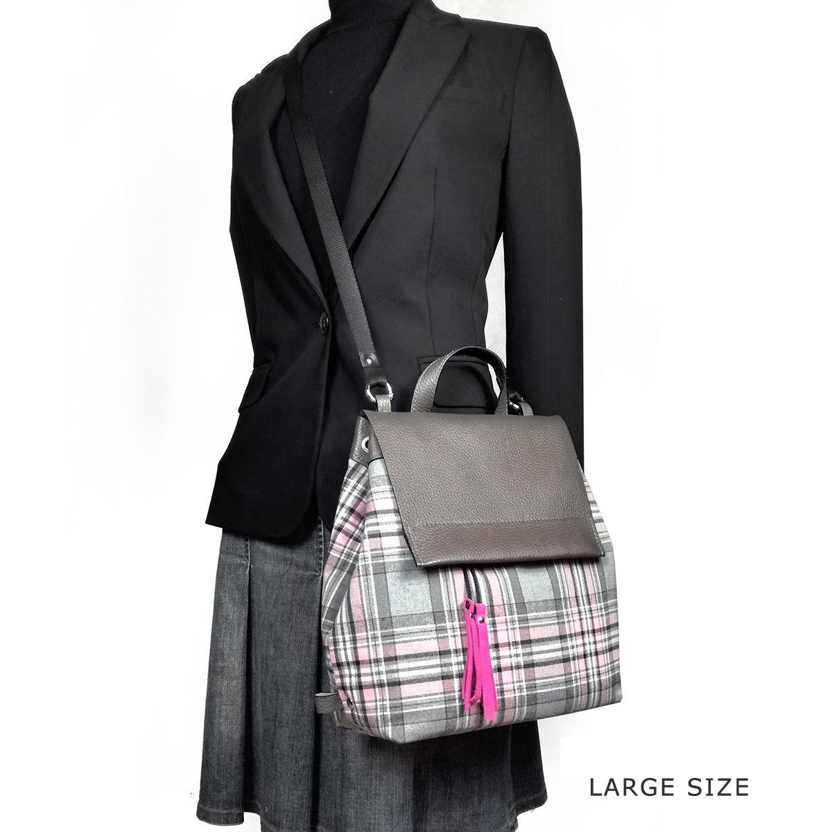 Gray and pink tartan backpack or convertible bag | Alice